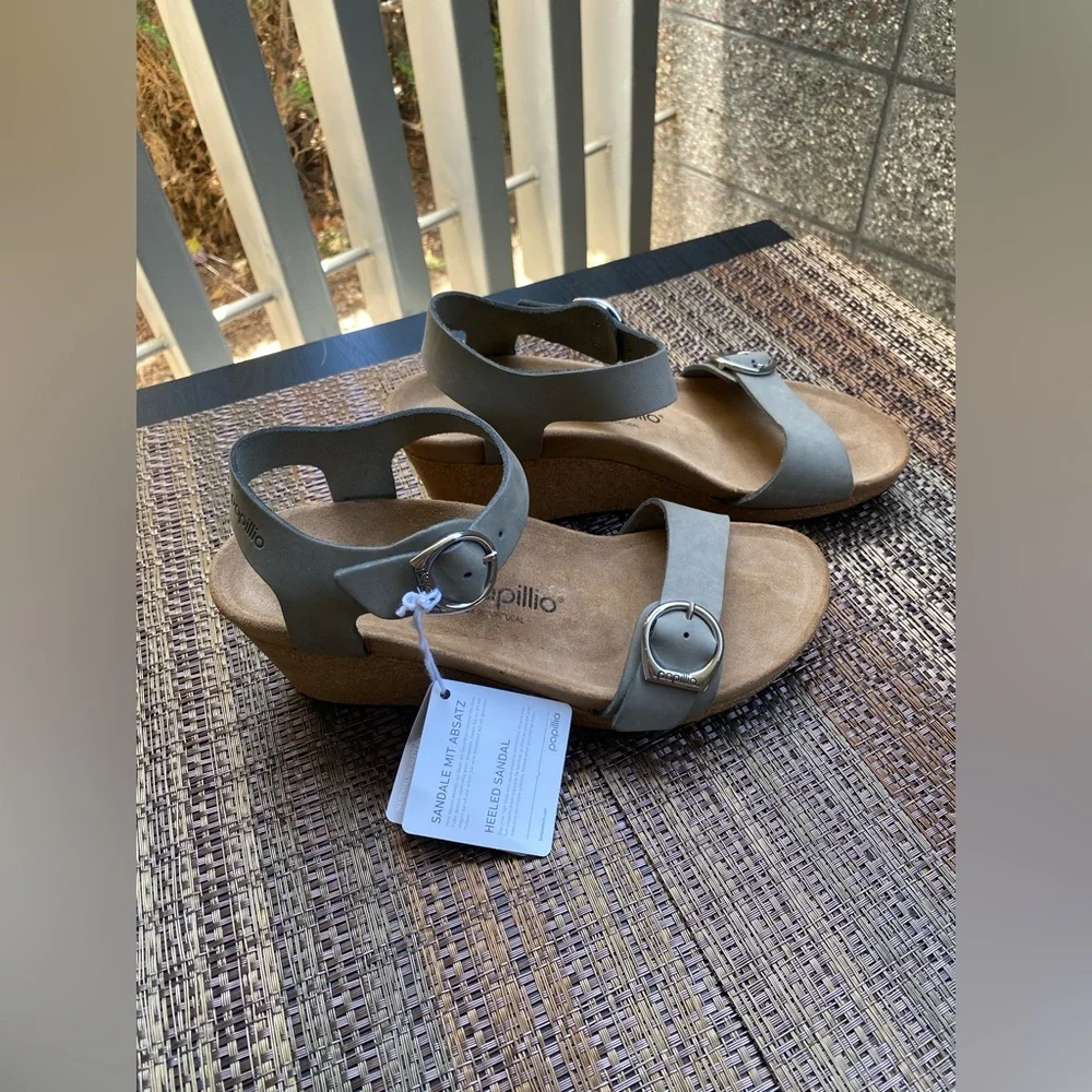 Papillio Light Gray Suede Buckle Ankle-Strap Sandals